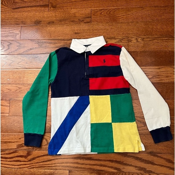 Polo Ralph Lauren Patchwork Cotton Jersey Rugby Shirt Boys Sz M (10-12) - Picture 1 of 7